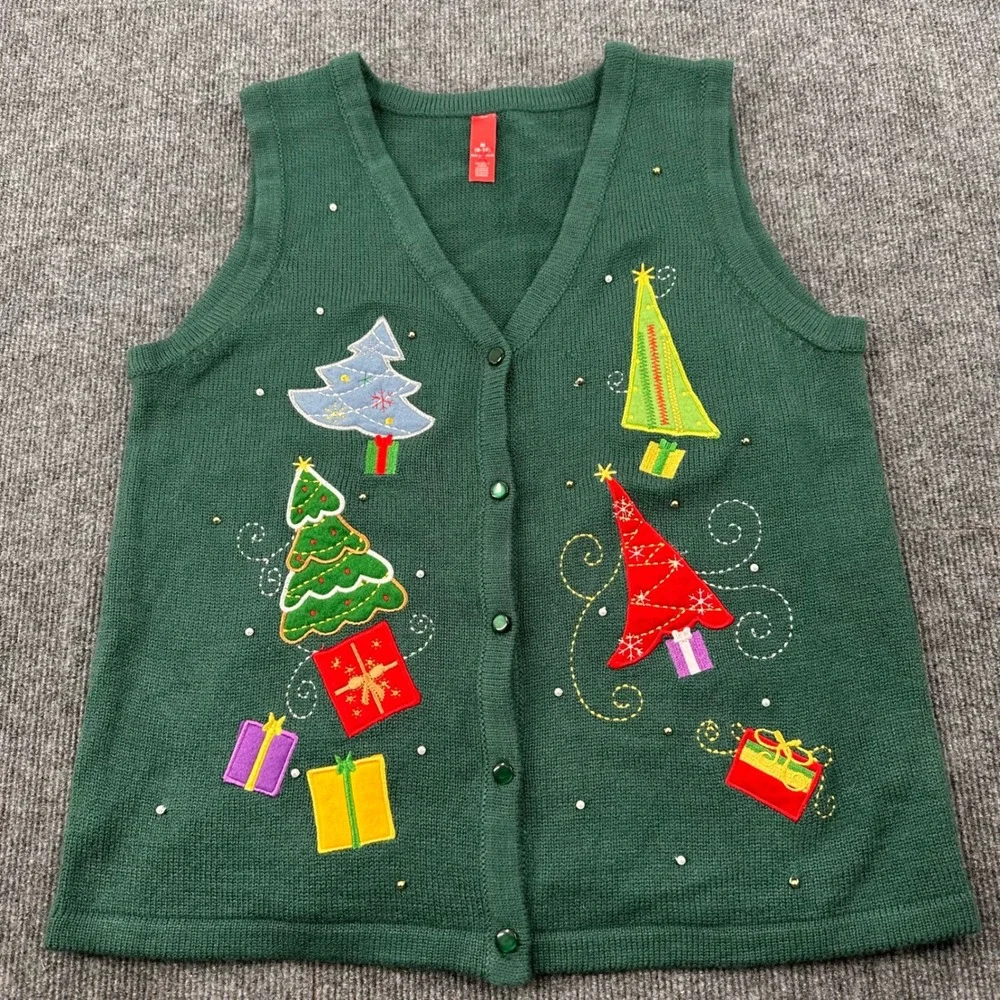 Y2K Christmas Sweater Vest Women M Embroidered Trees Present Green Holiday
